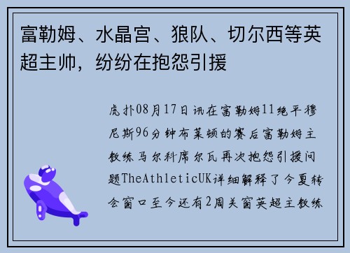 富勒姆、水晶宫、狼队、切尔西等英超主帅，纷纷在抱怨引援
